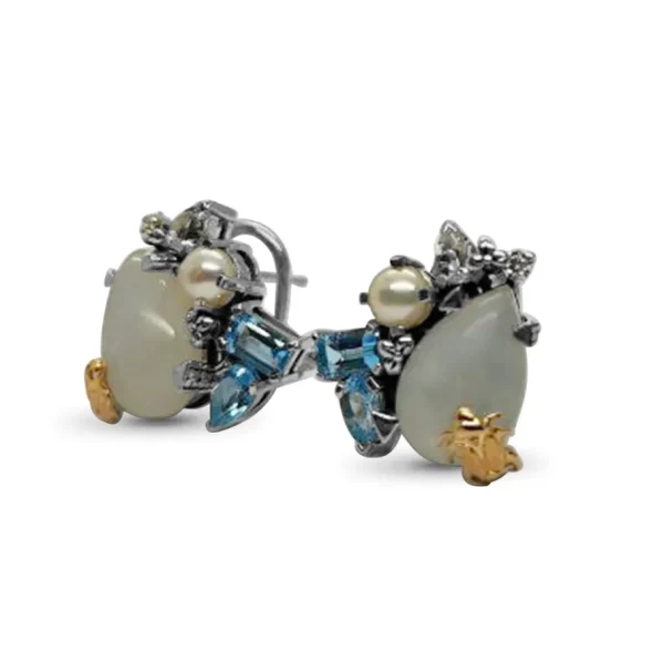 Stephen Dweck One of a Kind Natural Quartz White Pearl Swiss Blue Topaz Smooth White Moonstone Earring in Sterling Silver with 18K Gold Adam< Earrings