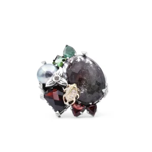 Stephen Dweck One of a Kind Orissa Garnet Green Tourmaline Green Pearl Emerald Facet Garnet Facet Flat back Red Moss Quartz and Diamond 0.17ct Ring in Sterling Silver with 18K Gold Diamond Pave Adam< Rings