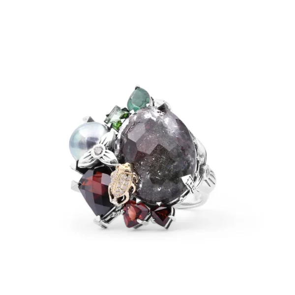 Stephen Dweck One of a Kind Orissa Garnet Green Tourmaline Green Pearl Emerald Facet Garnet Facet Flat back Red Moss Quartz and Diamond 0.17ct Ring in Sterling Silver with 18K Gold Diamond Pave Adam< Rings