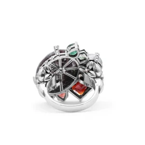 Stephen Dweck One of a Kind Orissa Garnet Green Tourmaline Green Pearl Emerald Facet Garnet Facet Flat back Red Moss Quartz and Diamond 0.17ct Ring in Sterling Silver with 18K Gold Diamond Pave Adam< Rings