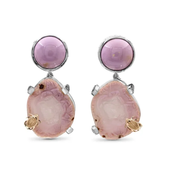 Stephen Dweck One of a Kind Phosphosiderite Hand Carved Agate and Natural Quartz Earrings with 18K Gold Adam< Earrings