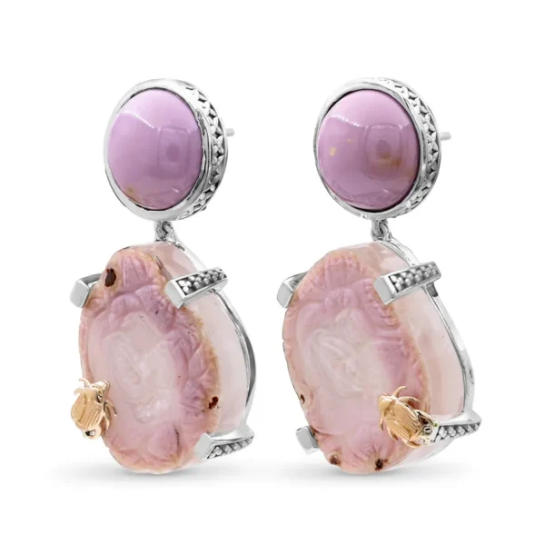 Stephen Dweck One of a Kind Phosphosiderite Hand Carved Agate and Natural Quartz Earrings with 18K Gold Adam< Earrings