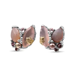 Stephen Dweck One of a Kind Pink Tourmaline Rose Gold Pearl Smooth Pink Chalcedony Pink Chalcedony Earring in Sterling Silver with 18K Gold Adam< Earrings