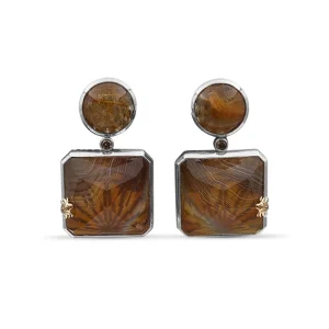 Stephen Dweck One of a Kind Red Hair Rutilated Quartz Natural Quartz Agate and Champagne Diamond 0.15ct Earring in Sterling Silver with 18K Gold Adam< Earrings