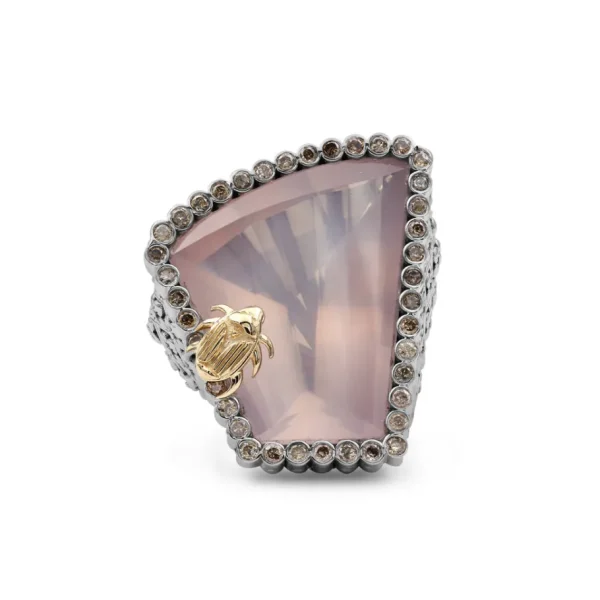 Stephen Dweck One of a Kind Rose Quartz 25.5ct and Champagne Diamond 0.55ct Ring in Sterling Silver with 18K Gold Adam< Rings