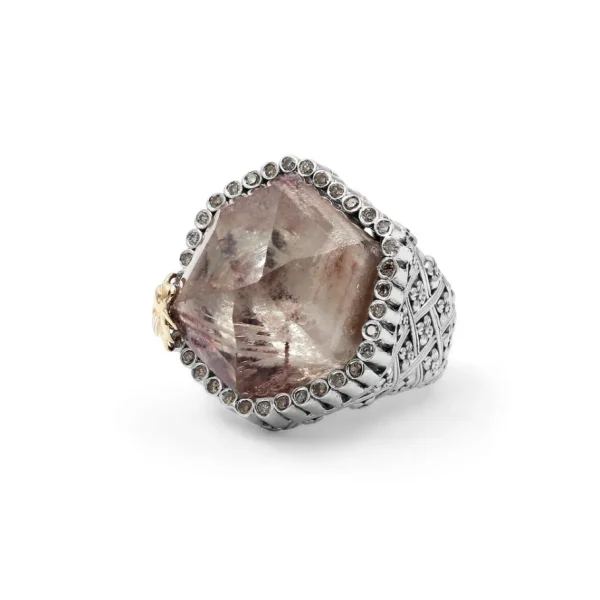 Stephen Dweck One of a Kind Rutilated Quartz and Champagne Diamond 0.35ct Ring in Sterling Silver with 18K Gold Adam< Rings