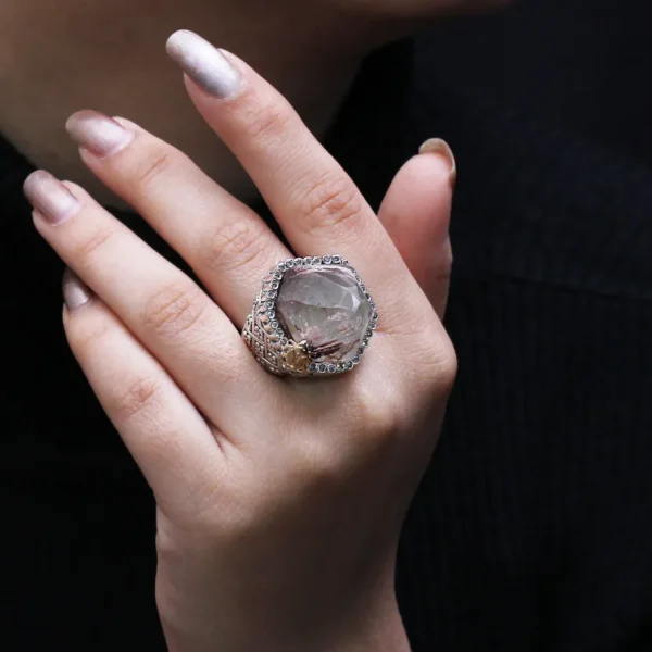 Stephen Dweck One of a Kind Rutilated Quartz and Champagne Diamond 0.35ct Ring in Sterling Silver with 18K Gold Adam< Rings