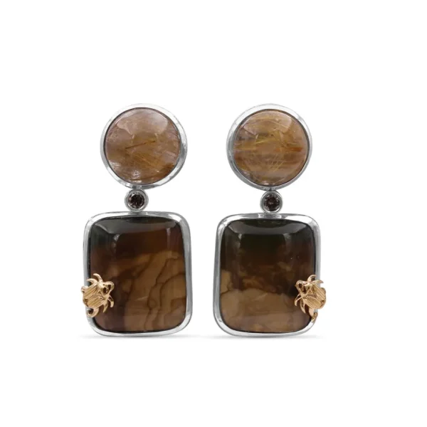 Stephen Dweck One of a Kind Smooth Bruneau Jasper Smooth Gold Hair Rutilated Quartz and Diamond 0.10ct Earring in Sterling Silver with 18K Gold Adam< Earrings