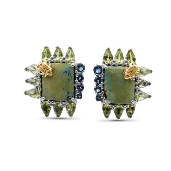 Stephen Dweck One of a Kind Smooth Green Turquoise Peridot and Facet London Blue Topaz Earring in Sterling Silver with 18K Gold Adam< Earrings