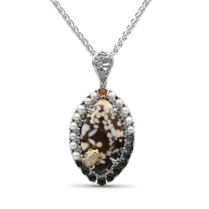 Stephen Dweck One of a Kind Smooth Peanut Wood Orange Sunstone Smooth Smoky Quartz White Pearl and Diamond 0.11ct Pendant in Sterling Silver with 18K Gold Diamond Pave Adam< Necklace