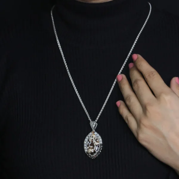 Stephen Dweck One of a Kind Smooth Peanut Wood Orange Sunstone Smooth Smoky Quartz White Pearl and Diamond 0.11ct Pendant in Sterling Silver with 18K Gold Diamond Pave Adam< Necklace
