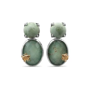 Stephen Dweck One of a Kind Top Facet Natural Quartz Over Green Turquoise and Smooth Green Turquoise Earring in Sterling Silver with 18K Gold Adam< Earrings