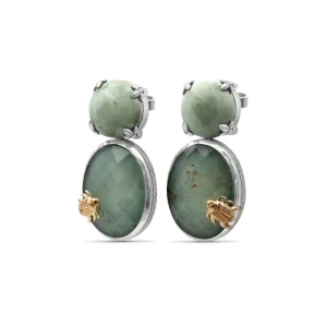 Stephen Dweck One of a Kind Top Facet Natural Quartz Over Green Turquoise and Smooth Green Turquoise Earring in Sterling Silver with 18K Gold Adam< Earrings