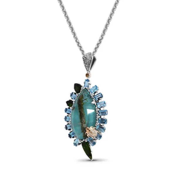 Stephen Dweck One of a Kind Turquoise Green Tourmaline Blue Topaz 18K Gold Bezel and Diamond 0.15ct Pendant in Sterling Silver with 18K Gold Diamond Pave Adam< Necklace