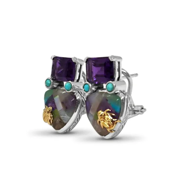 Stephen Dweck One of a Kind Turquoise Pastel Color Mosaic Amethyst Earring in Sterling Silver with 18K Gold Adam< Earrings