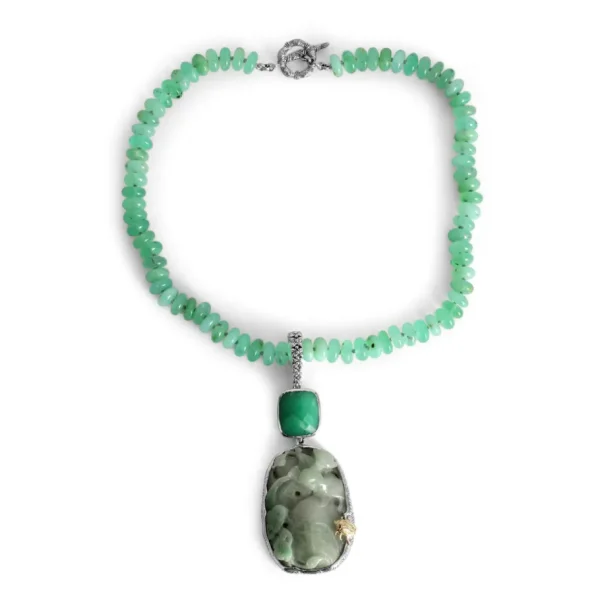 Stephen Dweck One of a Kind Vintage Hand Carved Jade Faceted Chrysoprase and Chrysoprase Bead Necklace in Sterling Silver with 18K Gold Adam< Necklace