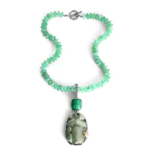 Stephen Dweck One of a Kind Vintage Hand Carved Jade Faceted Chrysoprase and Chrysoprase Bead Necklace in Sterling Silver with 18K Gold Adam< Necklace
