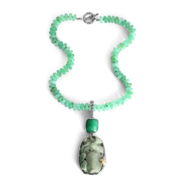 Stephen Dweck One of a Kind Vintage Hand Carved Jade Faceted Chrysoprase and Chrysoprase Bead Necklace in Sterling Silver with 18K Gold Adam< Necklace