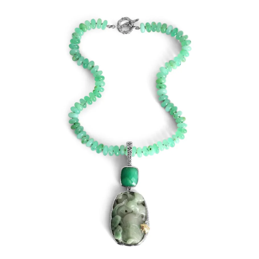 one_of_a_kind_vintage_han_1-2.webp Stephen Dweck One of a Kind Vintage Hand Carved Jade Faceted Chrysoprase and Chrysoprase Bead Necklace in Sterling Silver with 18K Gold Adam< Necklace