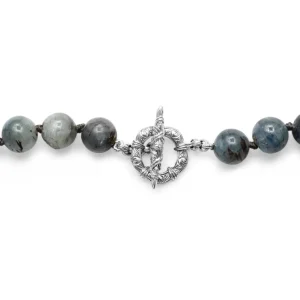 Stephen Dweck One of a Kind Vintage Hand Carved Jade Rutilated Aquamarine and Aquamarine Bead Necklace in Sterling Silver with 18K Gold Adam< Necklace