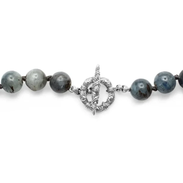 Stephen Dweck One of a Kind Vintage Hand Carved Jade Rutilated Aquamarine and Aquamarine Bead Necklace in Sterling Silver with 18K Gold Adam< Necklace