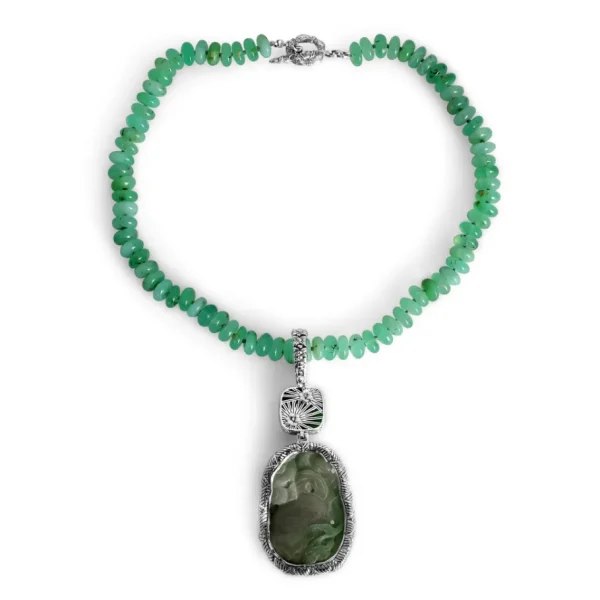 Stephen Dweck One of a Kind Vintage Hand Carved Jade Faceted Chrysoprase and Chrysoprase Bead Necklace in Sterling Silver with 18K Gold Adam< Necklace