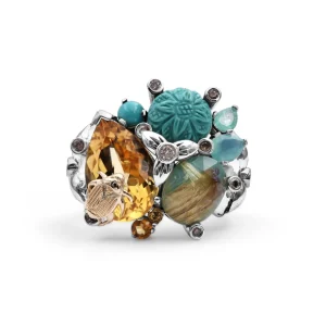 Stephen Dweck One of a Kind Yellow Citrine Smooth Turquoise Hand Carved Turquoise Aqua Chalcedony Facet Rutilated Quartz Over Turquoise and Diamond 0.25ct Ring in Sterling Silver with 18K Gold Diamond Pave Adam< Rings