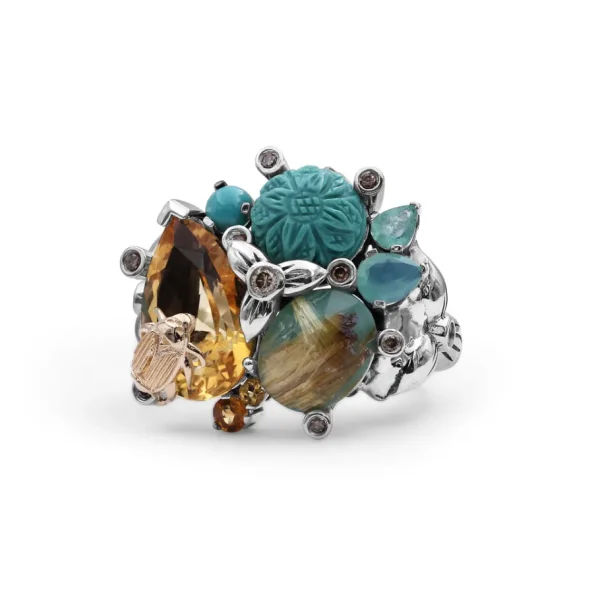 Stephen Dweck One of a Kind Yellow Citrine Smooth Turquoise Hand Carved Turquoise Aqua Chalcedony Facet Rutilated Quartz Over Turquoise and Diamond 0.25ct Ring in Sterling Silver with 18K Gold Diamond Pave Adam< Rings