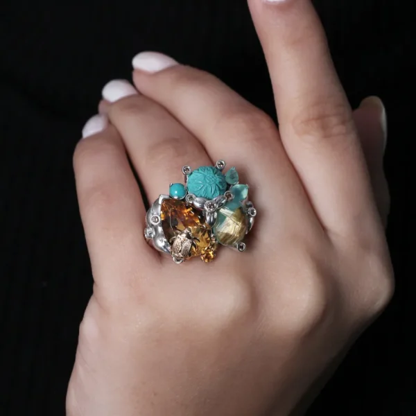 Stephen Dweck One of a Kind Yellow Citrine Smooth Turquoise Hand Carved Turquoise Aqua Chalcedony Facet Rutilated Quartz Over Turquoise and Diamond 0.25ct Ring in Sterling Silver with 18K Gold Diamond Pave Adam< Rings