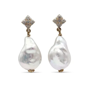 Stephen Dweck Pearlicious 20 x 15 White Baroque Pearl and White Diamond 0.30ct Earring in 18K Gold< Earrings