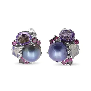 Stephen Dweck Rockrageous Amethyst Rhodolite Garnet Pink Tourmaline Lavender Moon Quartz and Mabe Pearl Clip Earrings in Sterling Silver< Earrings