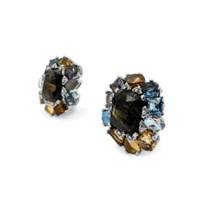 Stephen Dweck Rockrageous Flower Cluster Drop with Gold Rutilated Qtz Over Hematite, Sky, Swiss and London Blue Topaz, Citrine, Iolite, Grey Moonstone Gemstones Earring in Sterling Silver< Earrings