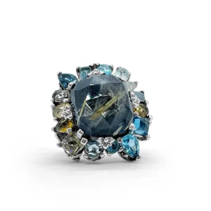 Stephen Dweck Rockrageous Gold Hair Rutilated Quartz Hematite Sky Swiss and London Blue Topaz Cognac Whiskey and Smoky Quartz Ring in Sterling Silver< Rings