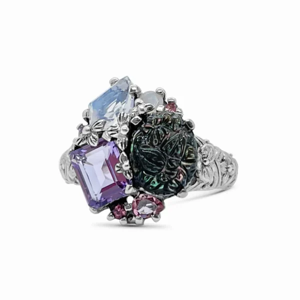 Stephen Dweck Rockrageous Hand Carved Mother of Pearl Amethyst Pink Tourmaline Lavender Moon Quartz and Chalcedony Cluster Ring in Sterling Silver< Rings