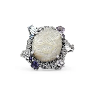 Stephen Dweck Rockrageous Hand Carved Mother of Pearl Lavender Moon Quartz Amethyst Iolite Blue and White Topaz Ring In Sterling Silver< Rings