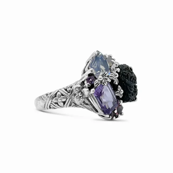 Stephen Dweck Rockrageous Hand Carved Mother of Pearl Amethyst Pink Tourmaline Lavender Moon Quartz and Chalcedony Cluster Ring in Sterling Silver< Rings