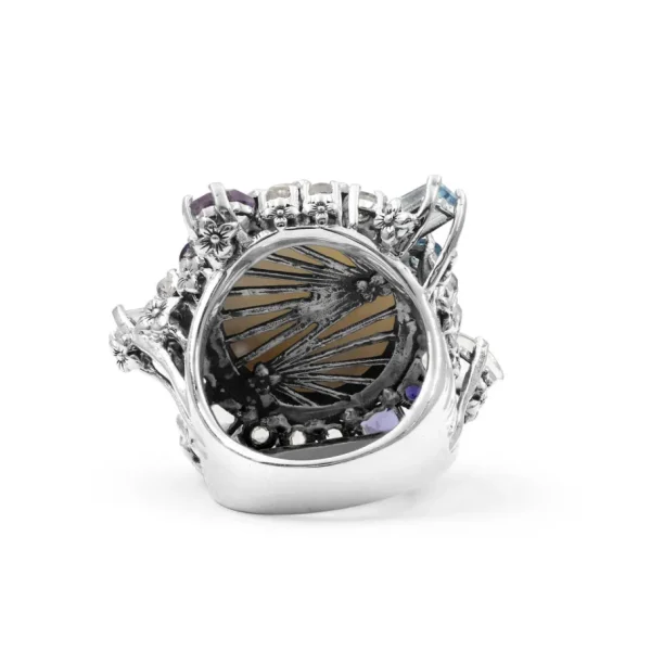 Stephen Dweck Rockrageous Hand Carved Mother of Pearl Lavender Moon Quartz Amethyst Iolite Blue and White Topaz Ring In Sterling Silver< Rings