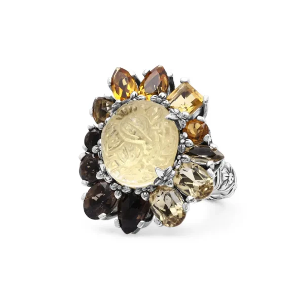 Stephen Dweck Rockrageous Hand Carved Natural Quartz Gold Lining Citrine Smoky Cognac and Champagne Quartz Ring in Sterling Silver< Rings