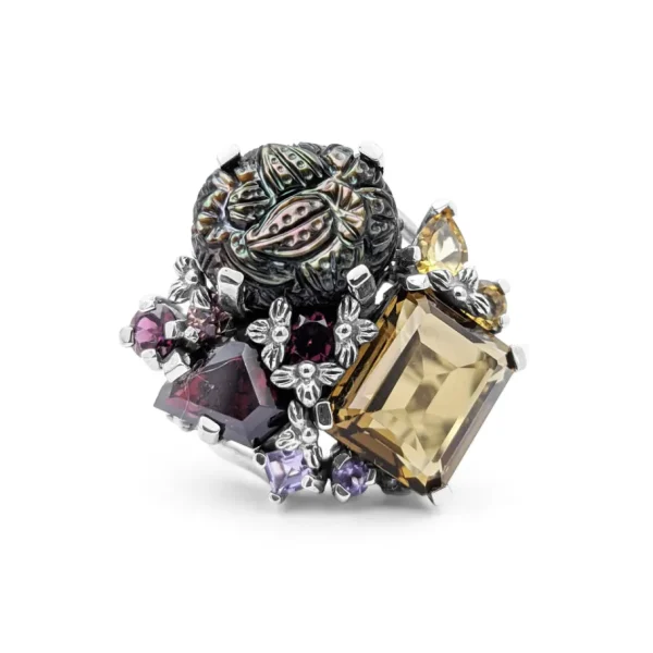 Stephen Dweck Rockrageous Hand Carved Tahitian Mother of Pearl Garnet Sapphire Amethyst Citrine and Cognac Quartz Ring in Sterling Silver< Rings