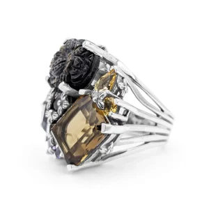 Stephen Dweck Rockrageous Hand Carved Tahitian Mother of Pearl Garnet Sapphire Amethyst Citrine and Cognac Quartz Ring in Sterling Silver< Rings