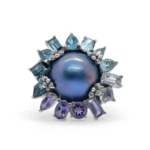 Stephen Dweck Rockrageous Mabe Pearl Amethyst Blue Topaz and Lavender Moon Quartz Ring in Sterling Silver.< Rings