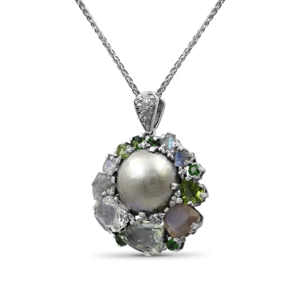 Stephen Dweck Rockrageous Mabe Pearl Green Tourmaline Green Labradorite Chrome Diopside Peridot Moonstone and Green Prasiolite Pendant in Sterling Silver< Necklace