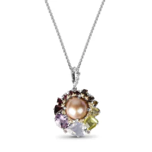 Stephen Dweck Rockrageous Multi-Hued Citrine Rhodolite Garnet Tourmaline Amethyst Sapphire Lavender Moon and Smoky Quartz and Mabe Pearl Pendant in Sterling Silver with 18K Gold and Diamond Flowers< Necklace