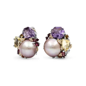 Stephen Dweck Rockrageous Multi-Hued Citrine Rhodolite Garnet Tourmaline Amethyst and Golden Mabe Pearl Cluster Earrings in Sterling Silver With 18K Gold and Diamond Flowers< Earrings