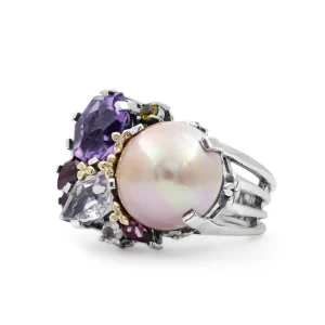 Stephen Dweck Rockrageous Multi-Hued Citrine Rhodolite Garnet Tourmaline Amethyst Sapphire and Mabe Pearl Ring in Sterling Silver with 18K Gold and Diamond Flowers< Rings