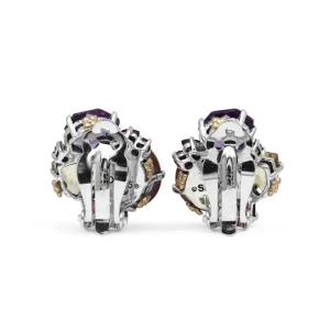 Stephen Dweck Rockrageous Multi-Hued Citrine Rhodolite Garnet Tourmaline Amethyst and Golden Mabe Pearl Cluster Earrings in Sterling Silver With 18K Gold and Diamond Flowers< Earrings