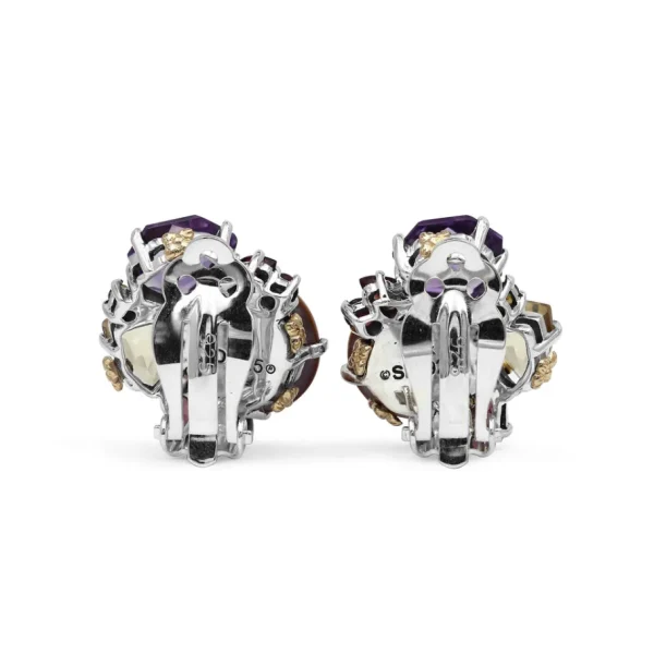 Stephen Dweck Rockrageous Multi-Hued Citrine Rhodolite Garnet Tourmaline Amethyst and Golden Mabe Pearl Cluster Earrings in Sterling Silver With 18K Gold and Diamond Flowers< Earrings
