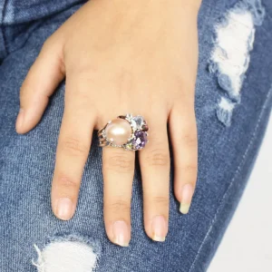 Stephen Dweck Rockrageous Multi-Hued Citrine Rhodolite Garnet Tourmaline Amethyst Sapphire and Mabe Pearl Ring in Sterling Silver with 18K Gold and Diamond Flowers< Rings