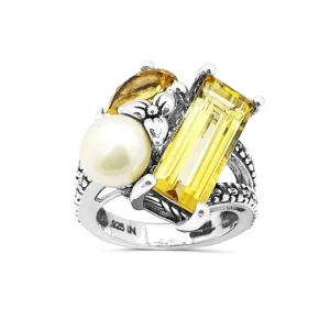 Stephen Dweck Rockrageous Three stone cluster ring with white pearl and citrine and orange citrine gemstones set in sterling silver< Rings