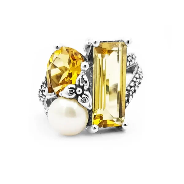 Stephen Dweck Rockrageous Three stone cluster ring with white pearl and citrine and orange citrine gemstones set in sterling silver< Rings